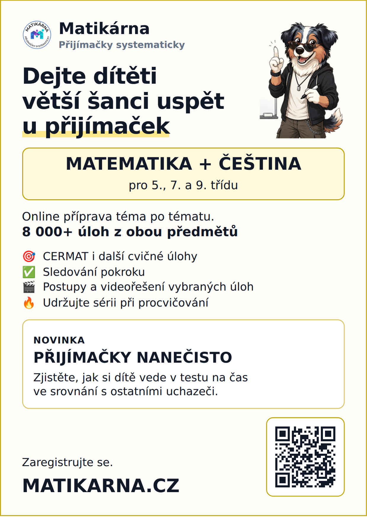 Inzerát Matikárny A6: příprava na přijímačky z matematiky a češtiny a přijímačky nanečisto
